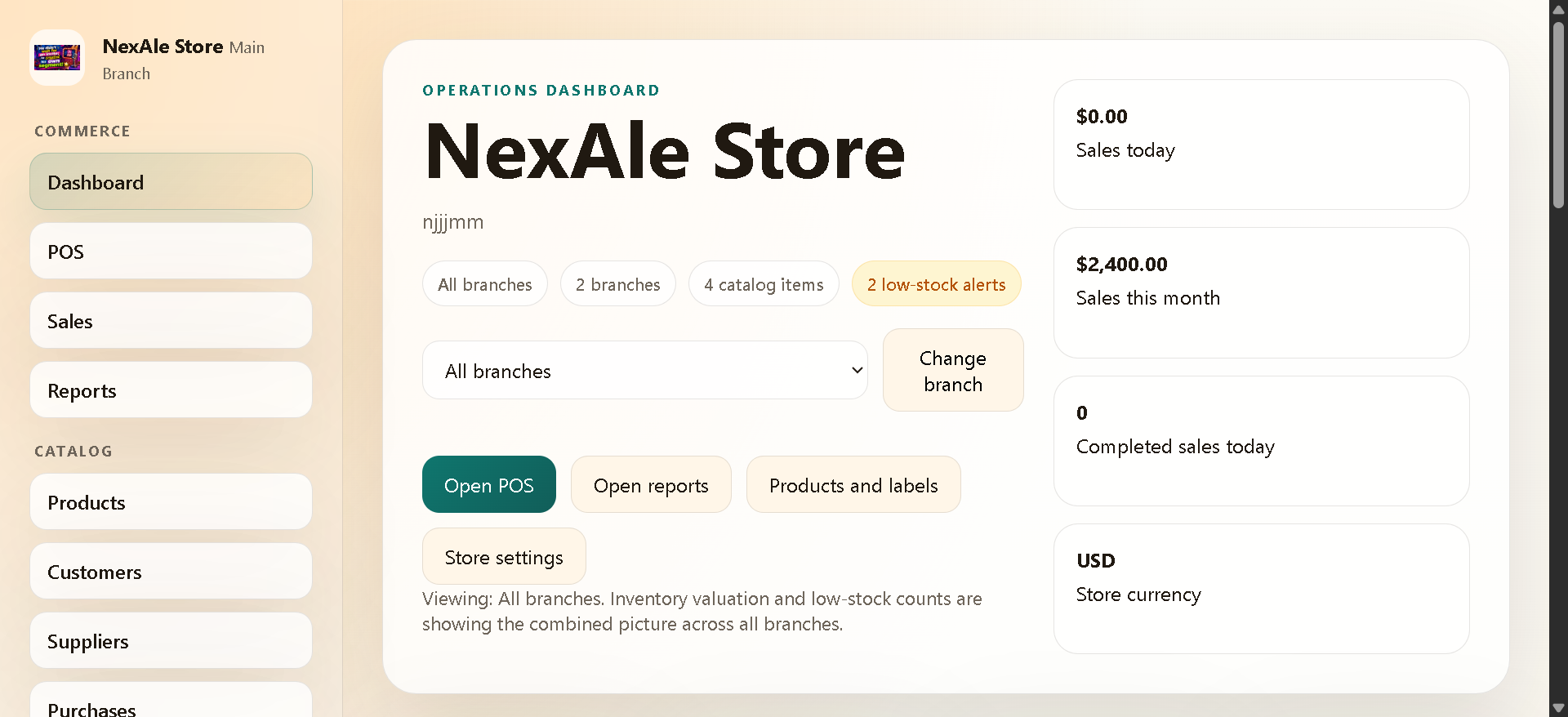 NexAlePOS dashboard showing sales today, monthly sales, branch selection, reports, and store controls
