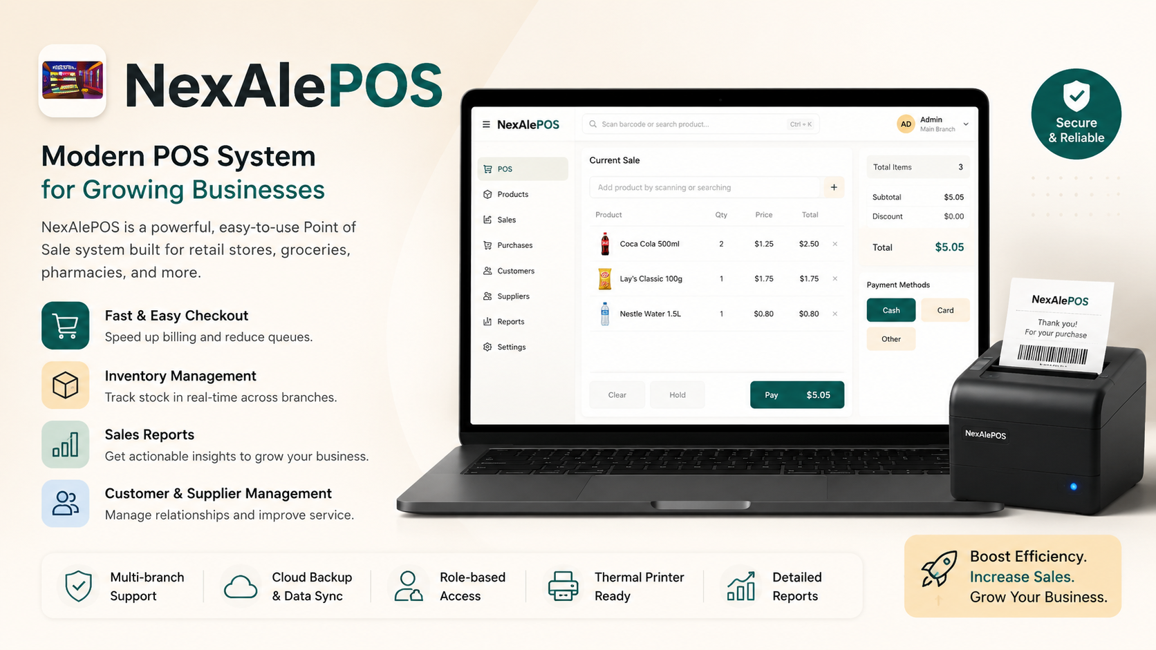 NexAlePOS point of sale checkout interface displayed on a laptop with receipt printer